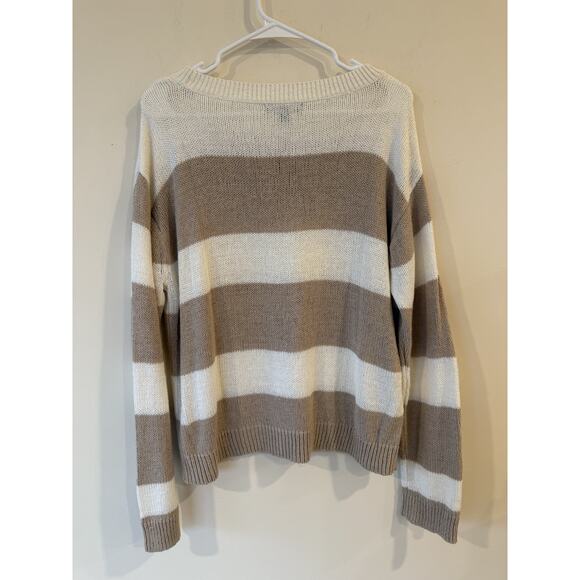 Banana Republic Pullover Sweater Striped Cotton Blend Casual Ivory & Tan Large - Picture 2 of 8